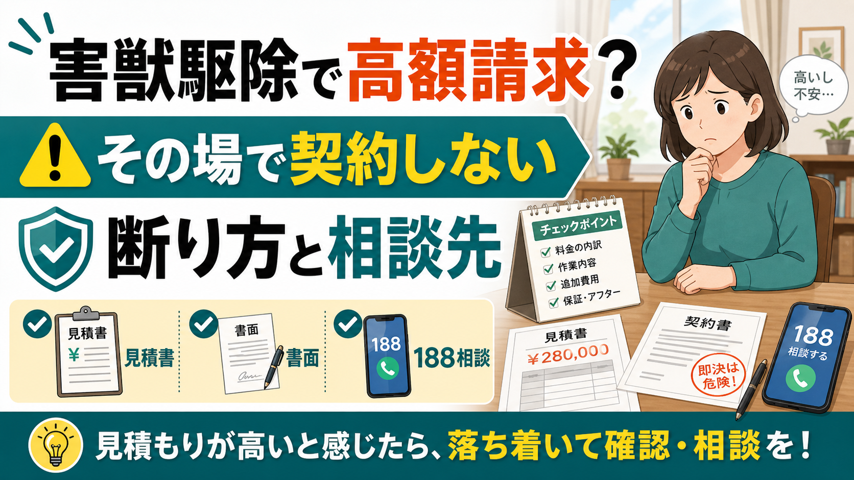 害獣駆除で高額請求が不安な時はその場で契約せず断り方と相談先を確認するアイキャッチ
