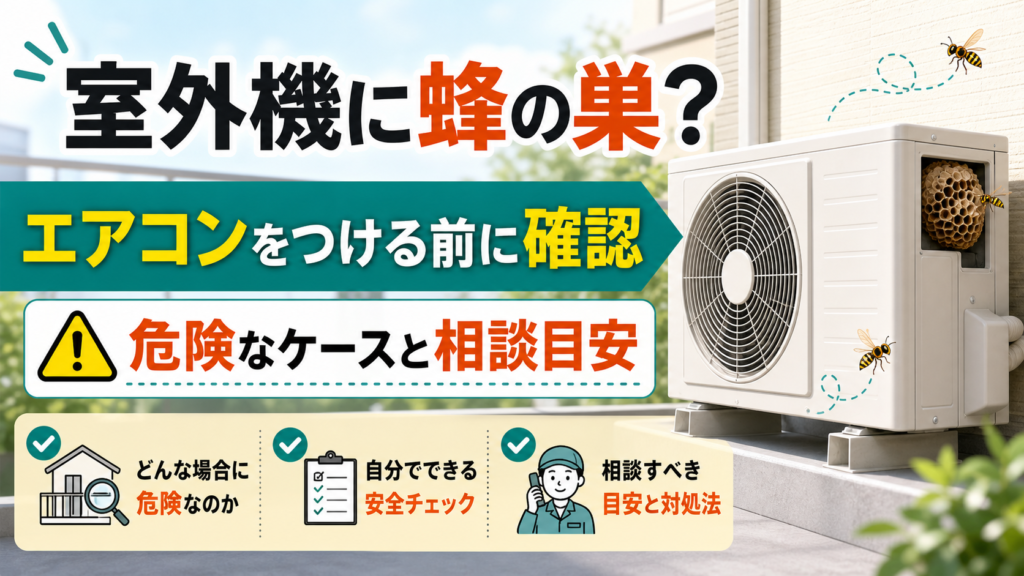 室外機に蜂の巣がある時にエアコンをつける前の確認点を示すアイキャッチ