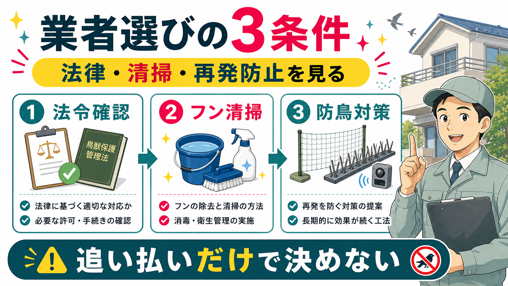 害鳥駆除業者を法令確認フン清掃防鳥対策で選ぶ図解