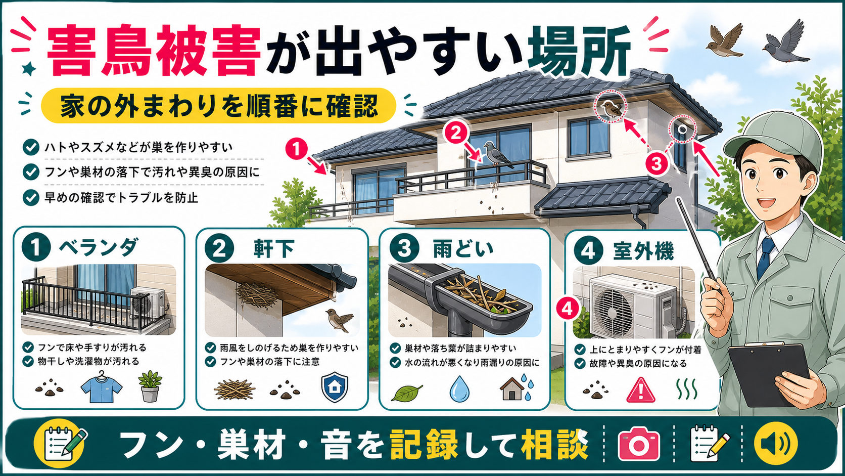 害鳥被害が出やすいベランダ軒下雨どい室外機を確認する図解