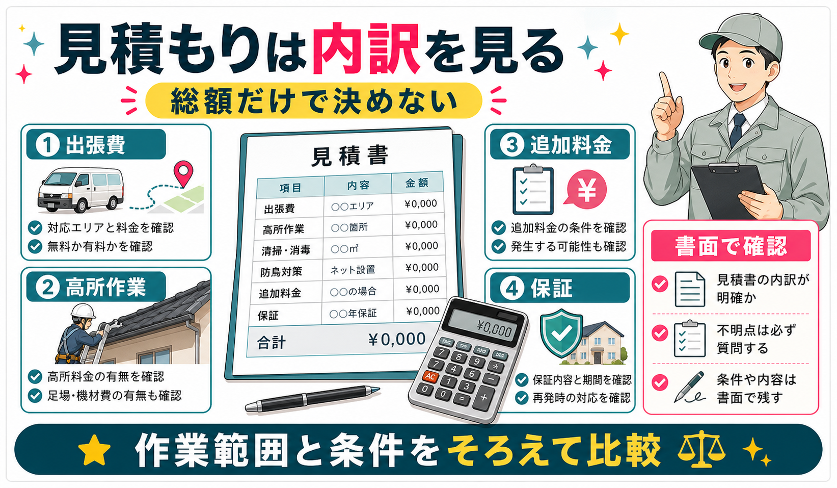 害鳥駆除業者の見積もりで出張費高所作業追加料金保証を見る図解