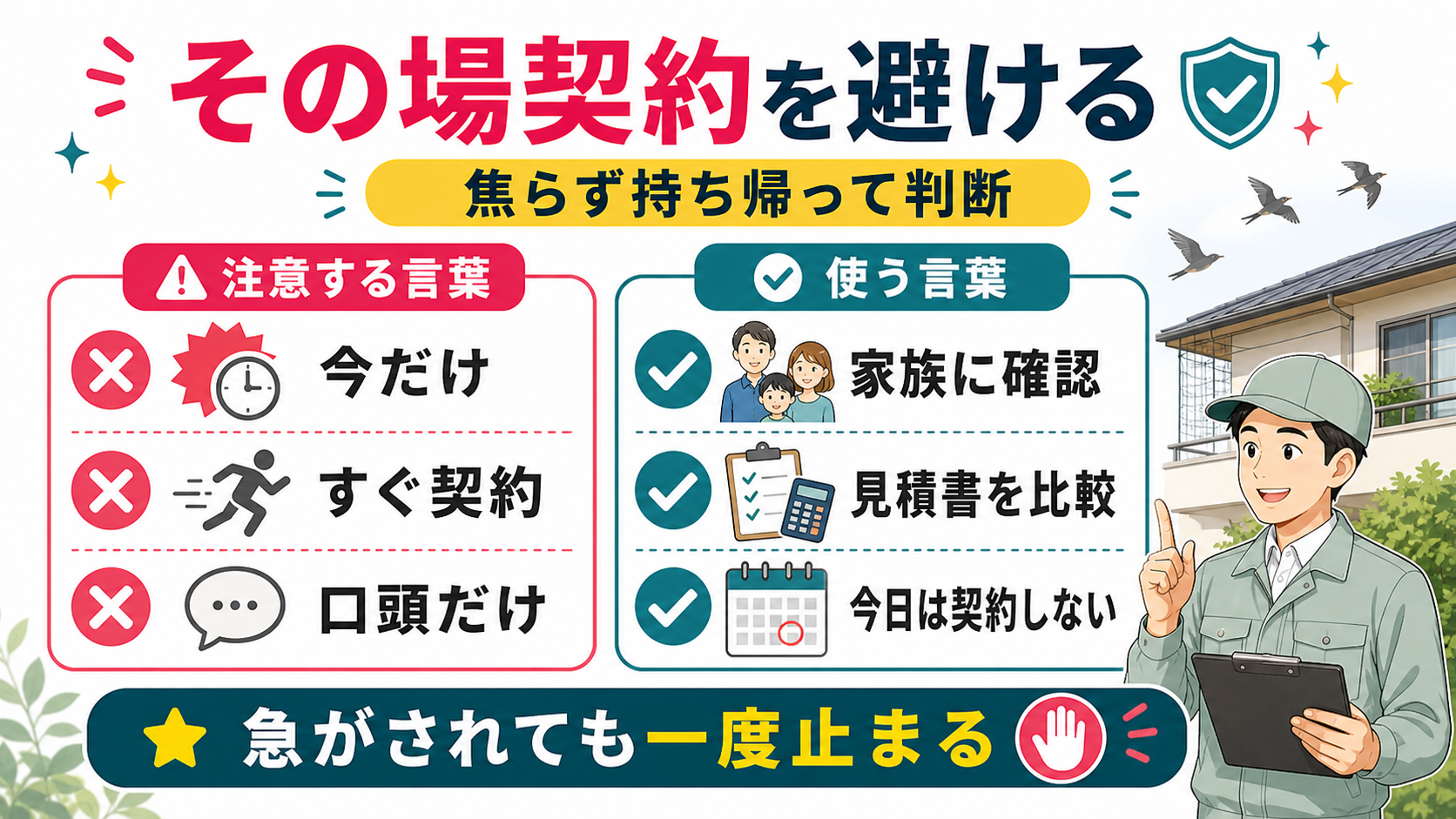 害鳥駆除業者のその場契約を避けて見積書を比較する図解