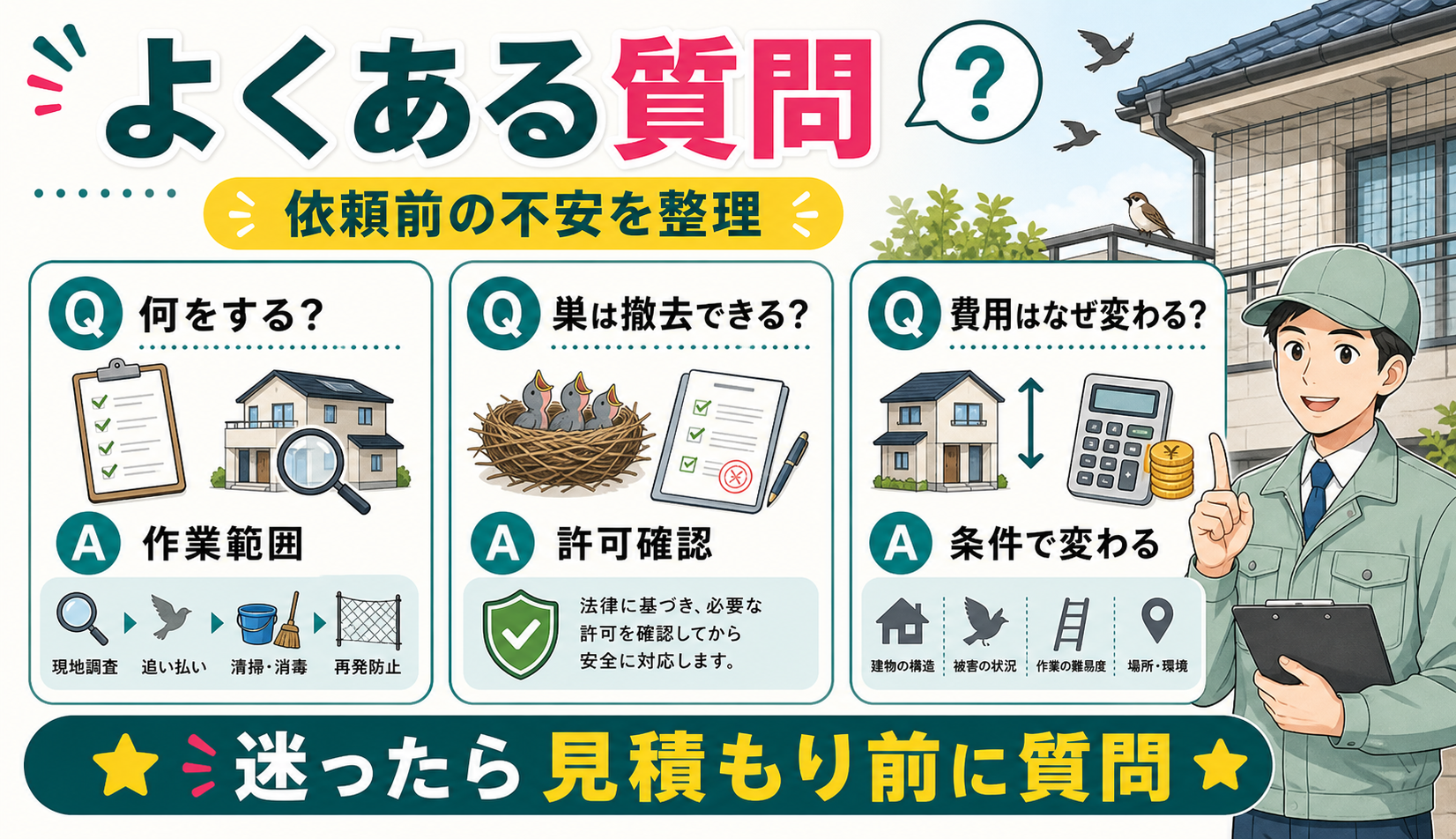 害鳥駆除業者へ依頼する前のよくある質問を整理する図解