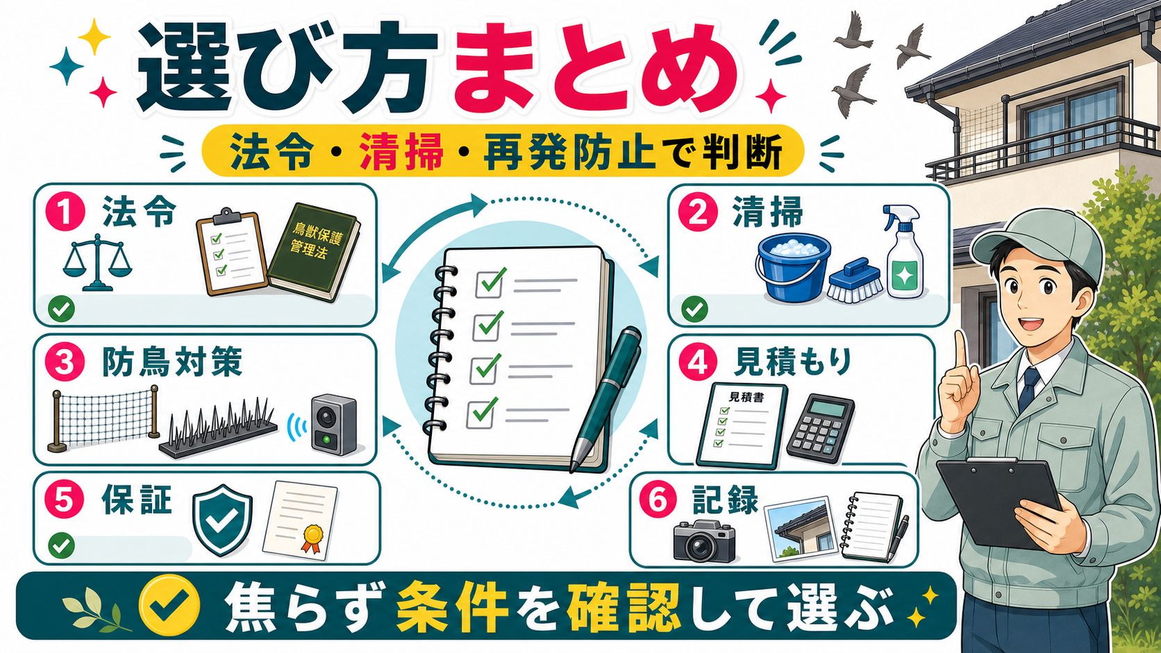 害鳥駆除業者を法令清掃再発防止見積もり保証で選ぶまとめ図解