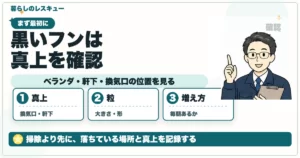 黒いフンは真上を確認について、ベランダ・軒下・換気口の位置を見るを整理する図解