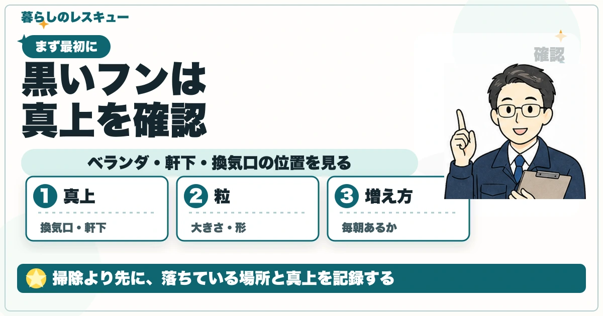 黒いフンは真上を確認について、ベランダ・軒下・換気口の位置を見るを整理する図解