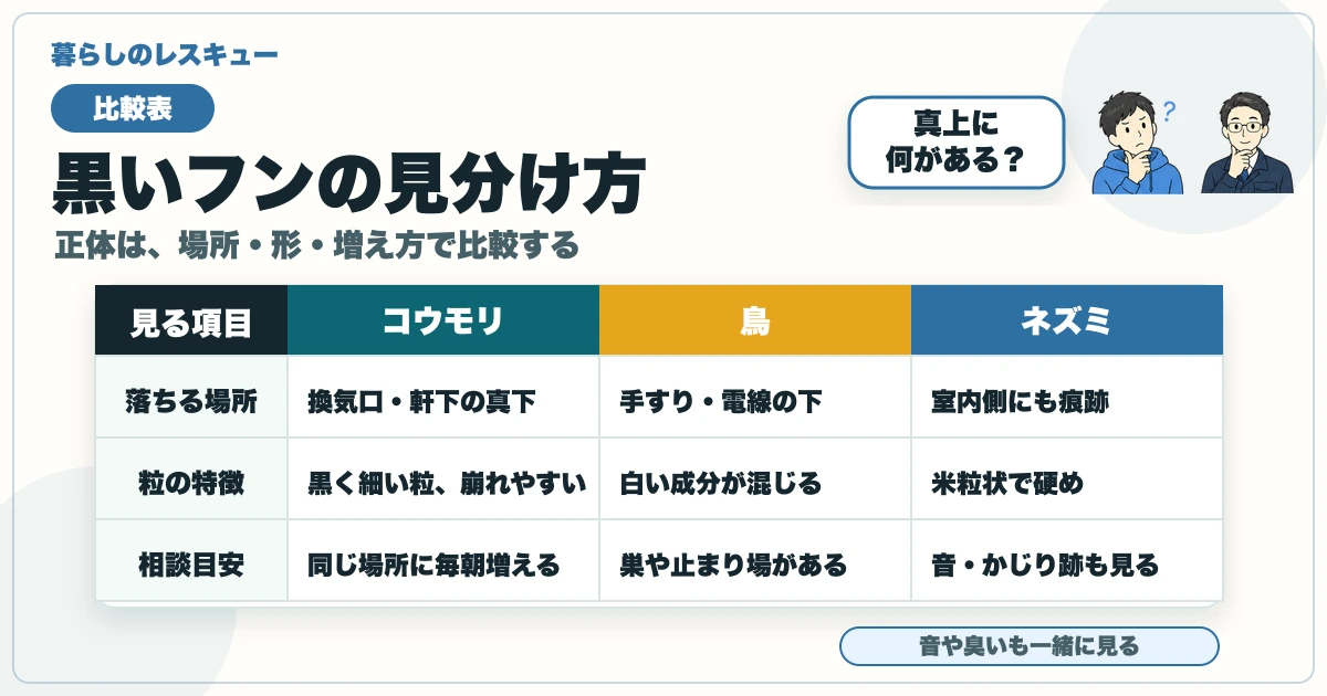 黒いフンをコウモリ・鳥・ネズミで比較し、場所・粒の特徴・相談目安を見る図解