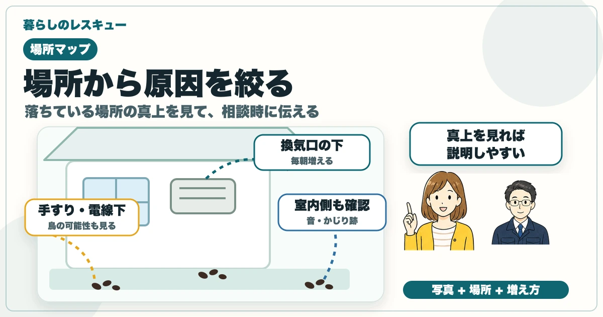 黒いフンが落ちている場所の真上を見て、換気口・手すり・室内側の確認点を整理する図解