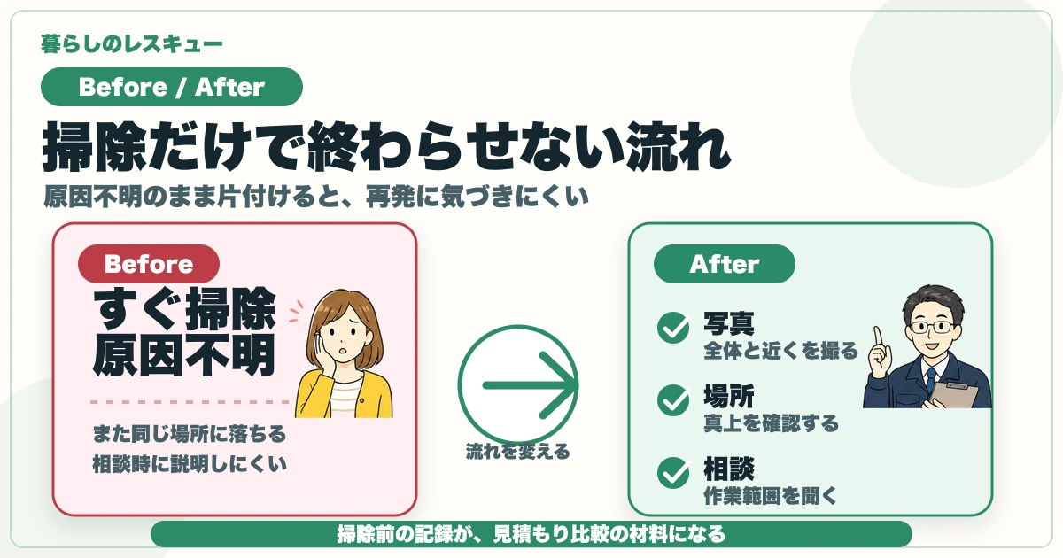 黒いフンをすぐ掃除だけで終わらせず、写真・場所・相談につなげる流れの図解