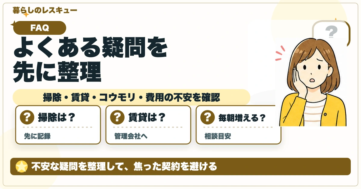 よくある疑問を先に整理について、掃除・賃貸・コウモリ・費用の不安を確認を整理する図解