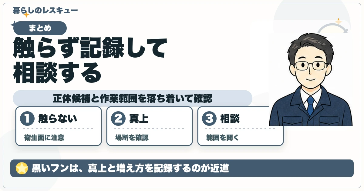 触らず記録して相談するについて、正体候補と作業範囲を落ち着いて確認を整理する図解