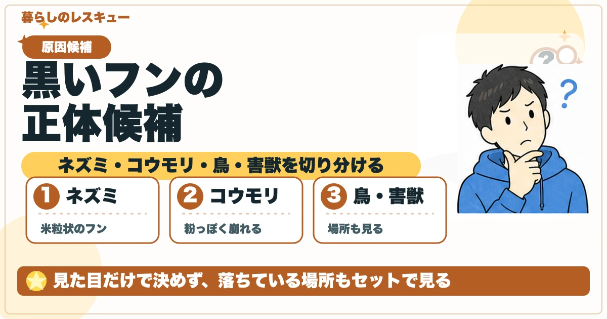 黒いフンの原因候補としてネズミ・コウモリ・鳥・害獣を整理する図解