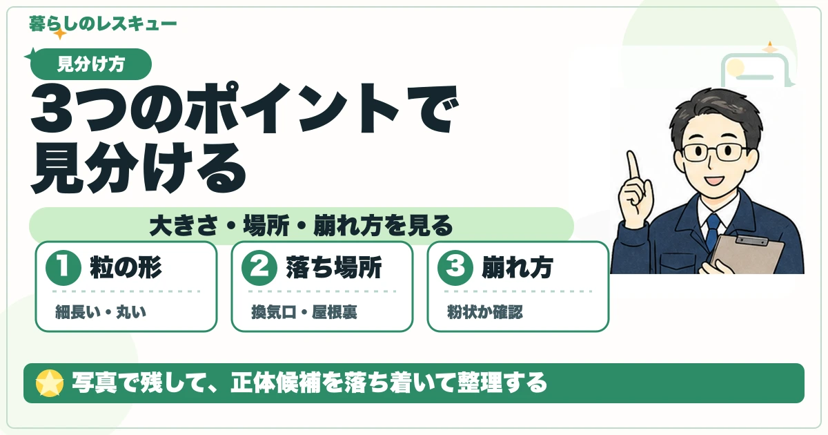 黒いフンを大きさ・場所・崩れ方で見分ける図解