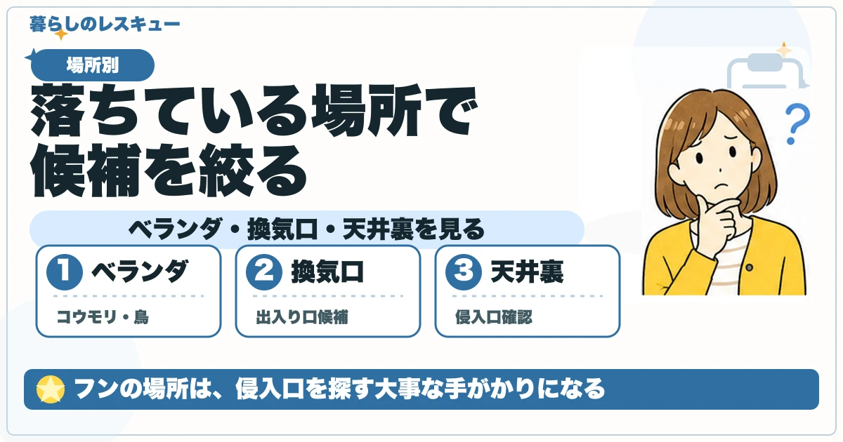 黒いフンの落ちている場所から原因候補を絞る図解