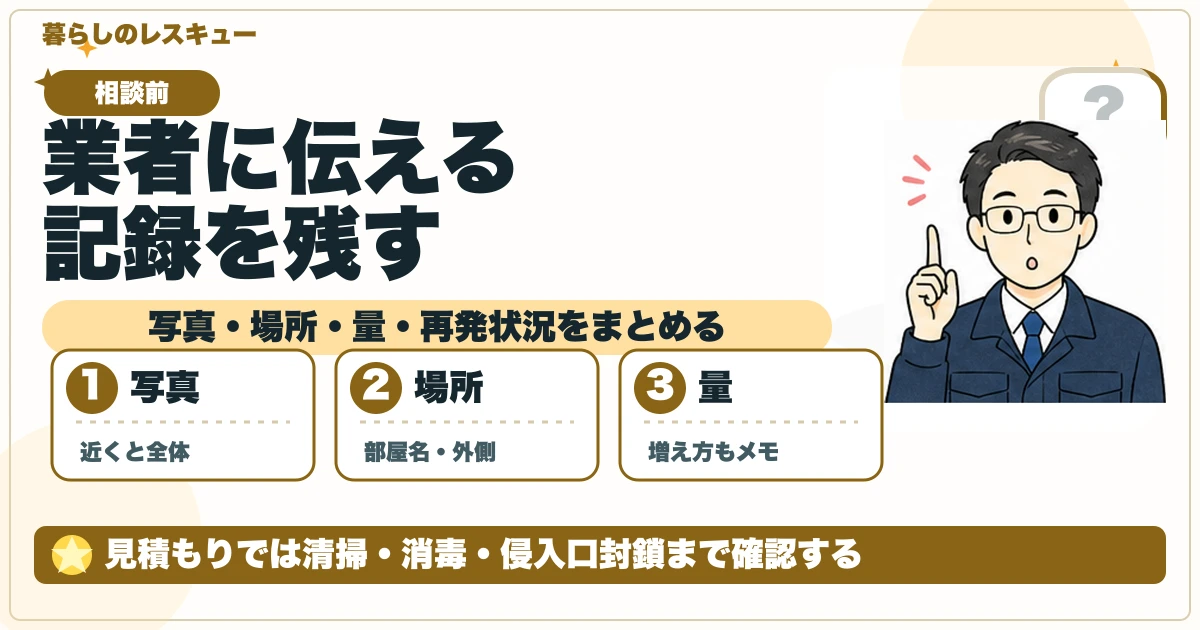 業者相談前に黒いフンの写真・場所・量を記録する図解