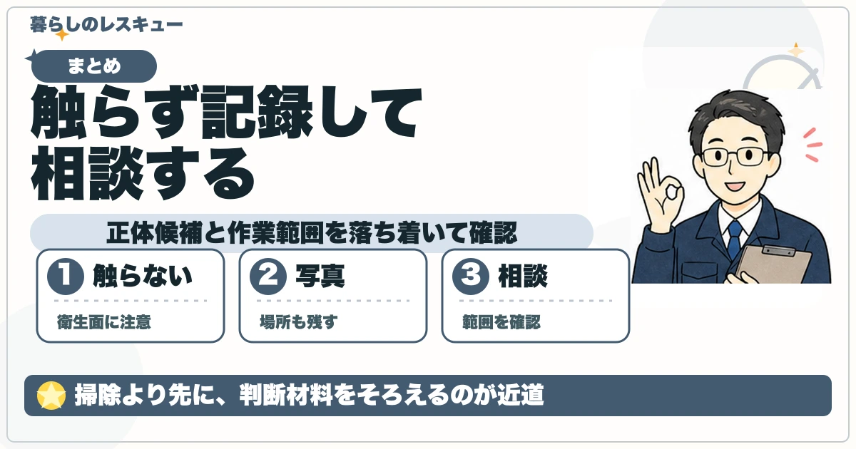 黒いフンを触らず記録して相談する流れの図解