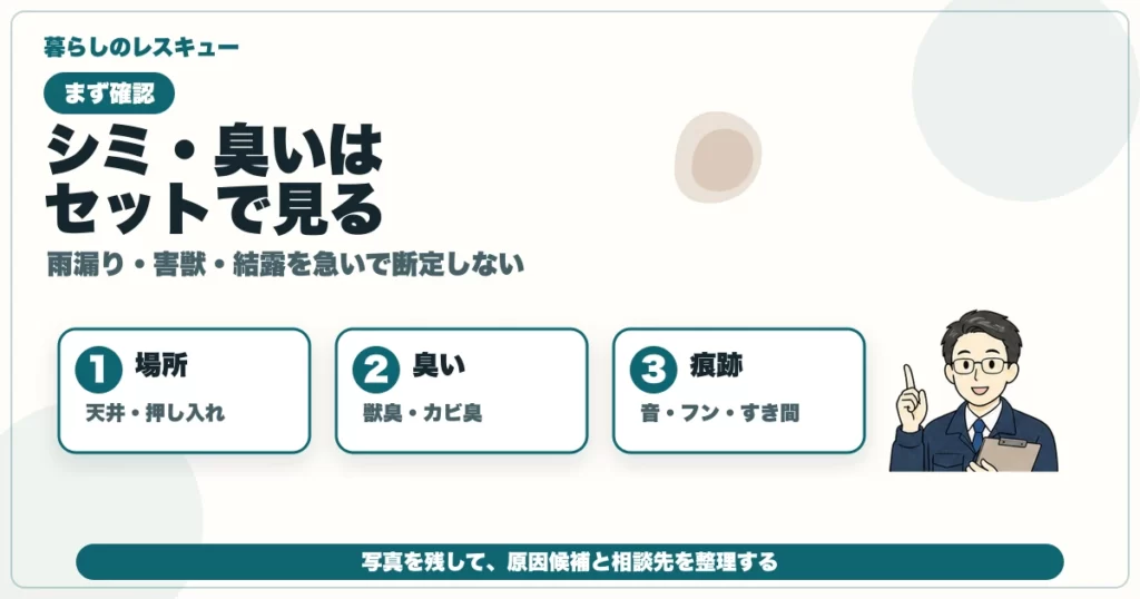 天井のシミや獣臭を場所・臭い・痕跡で確認する図解