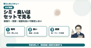天井のシミや獣臭を場所・臭い・痕跡で確認する図解