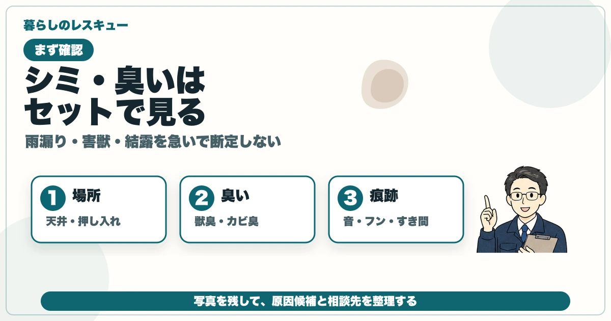 天井のシミや獣臭を場所・臭い・痕跡で確認する図解
