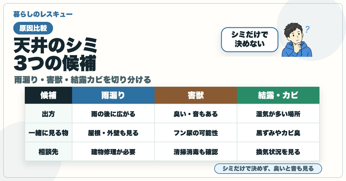 天井のシミの原因候補として雨漏り・害獣・結露カビを比較する図解