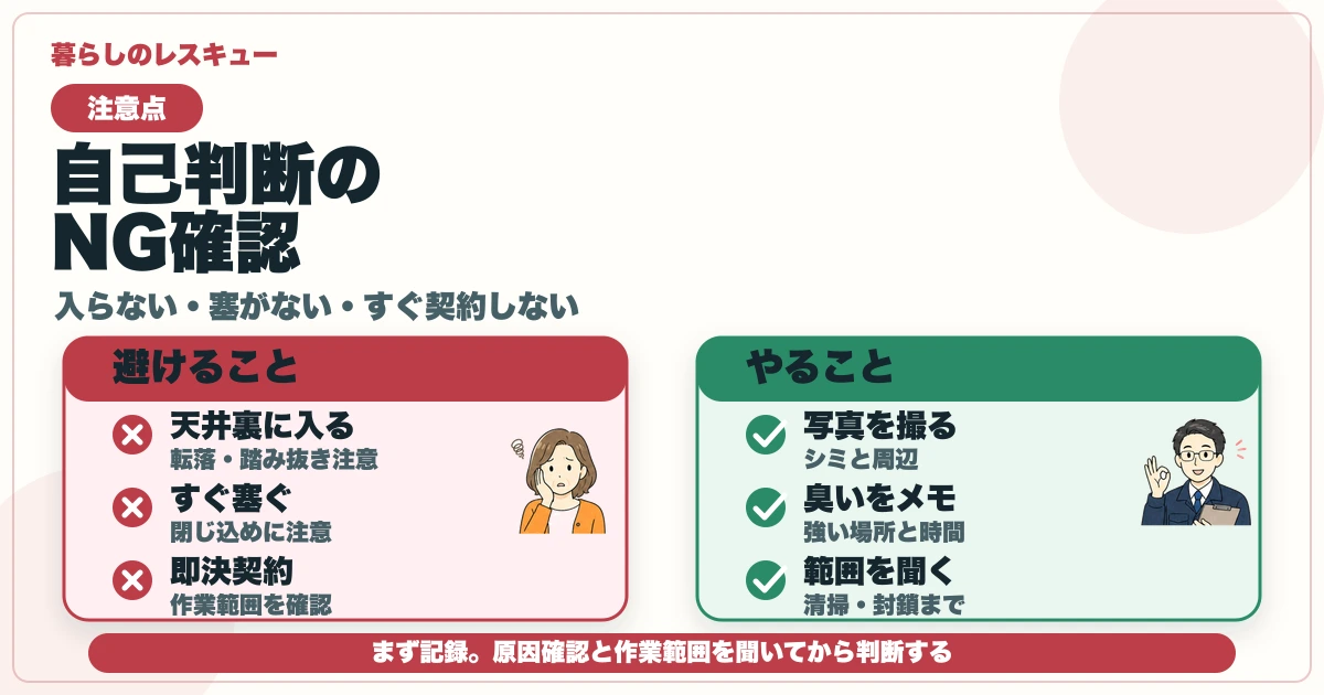 天井のシミや獣臭で天井裏に入る・すぐ塞ぐ・即決契約を避ける図解
