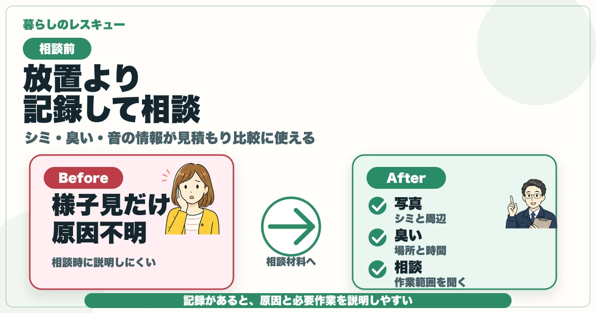 天井のシミと獣臭を放置せず、写真・臭い・相談につなげる流れの図解