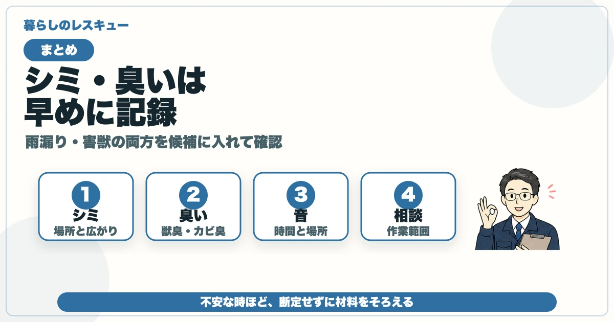 天井のシミと獣臭を場所・臭い・音・相談内容で整理する図解