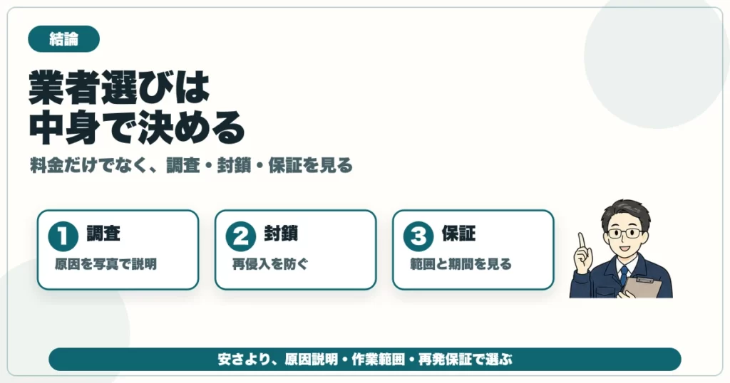 害獣駆除業者を調査・侵入口封鎖・保証の作業範囲で選ぶ図解