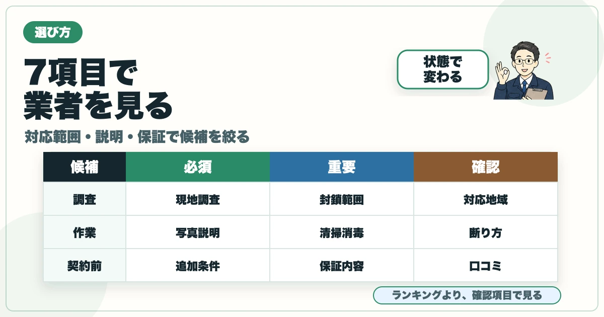 害獣駆除業者を現地調査・写真説明・封鎖範囲・保証など7項目で選ぶ図解