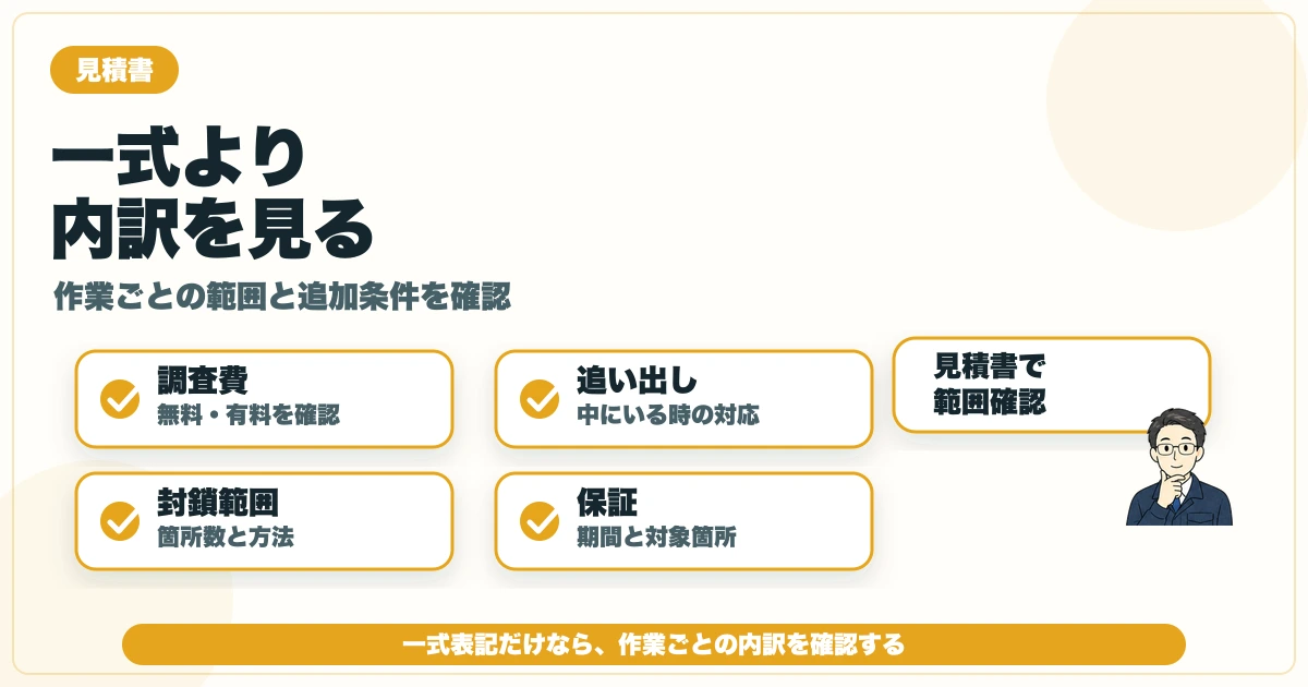 害獣駆除業者の見積書で調査費・追い出し・封鎖範囲・保証・清掃消毒の内訳を見る図解