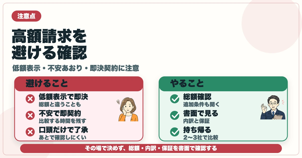 害獣駆除業者の高額請求を避けるため低額表示・即決契約・口頭了承に注意する図解