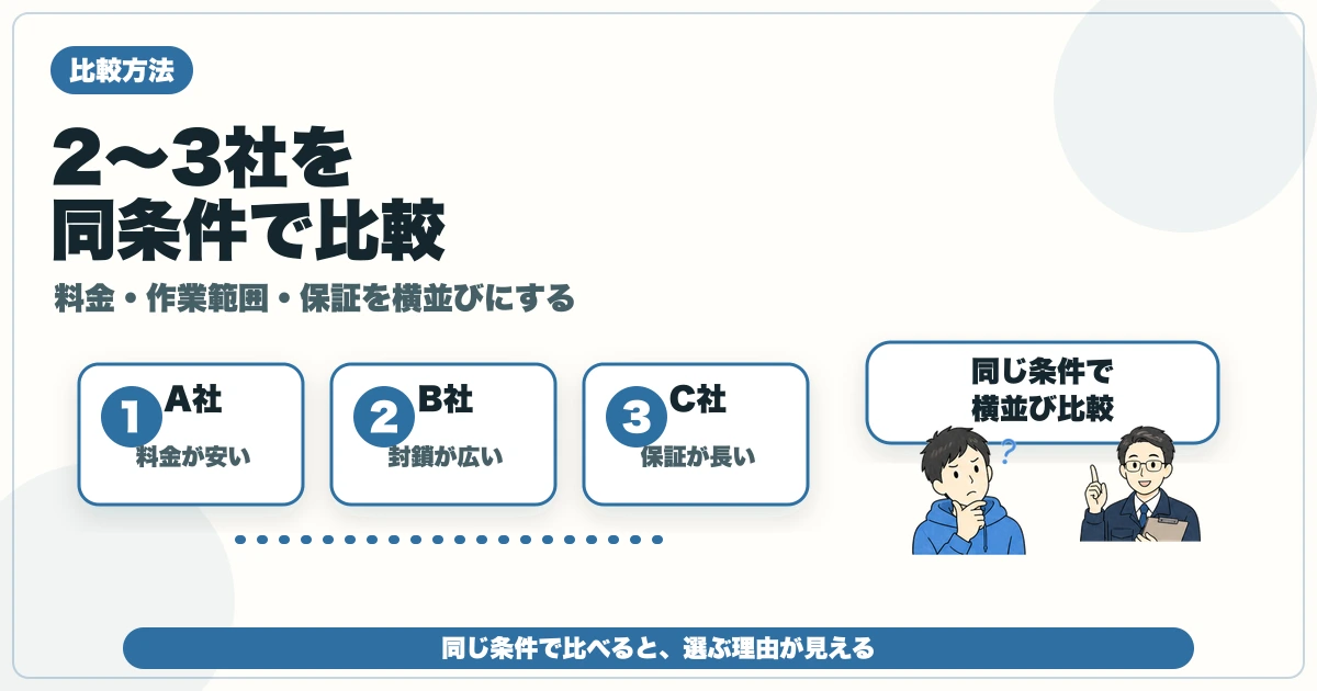 害獣駆除業者を2〜3社で料金・作業範囲・保証から比較する図解