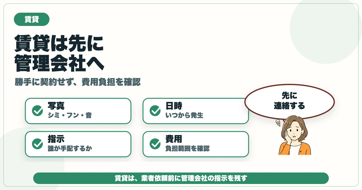 賃貸で害獣駆除業者を依頼する前に管理会社へ連絡し写真・日時・指示・費用を確認する図解