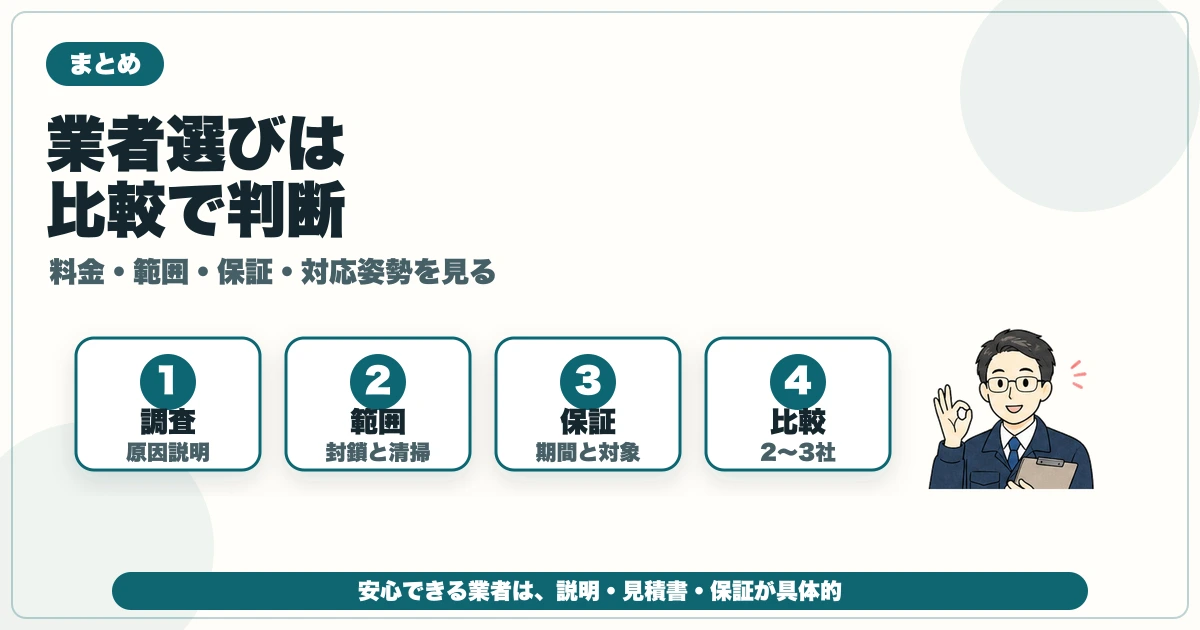 害獣駆除業者の選び方を調査・作業範囲・保証・比較で判断する図解