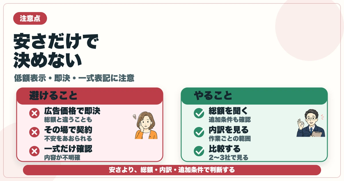 害獣駆除の見積もりで広告価格・即決契約・一式表記に注意する図解