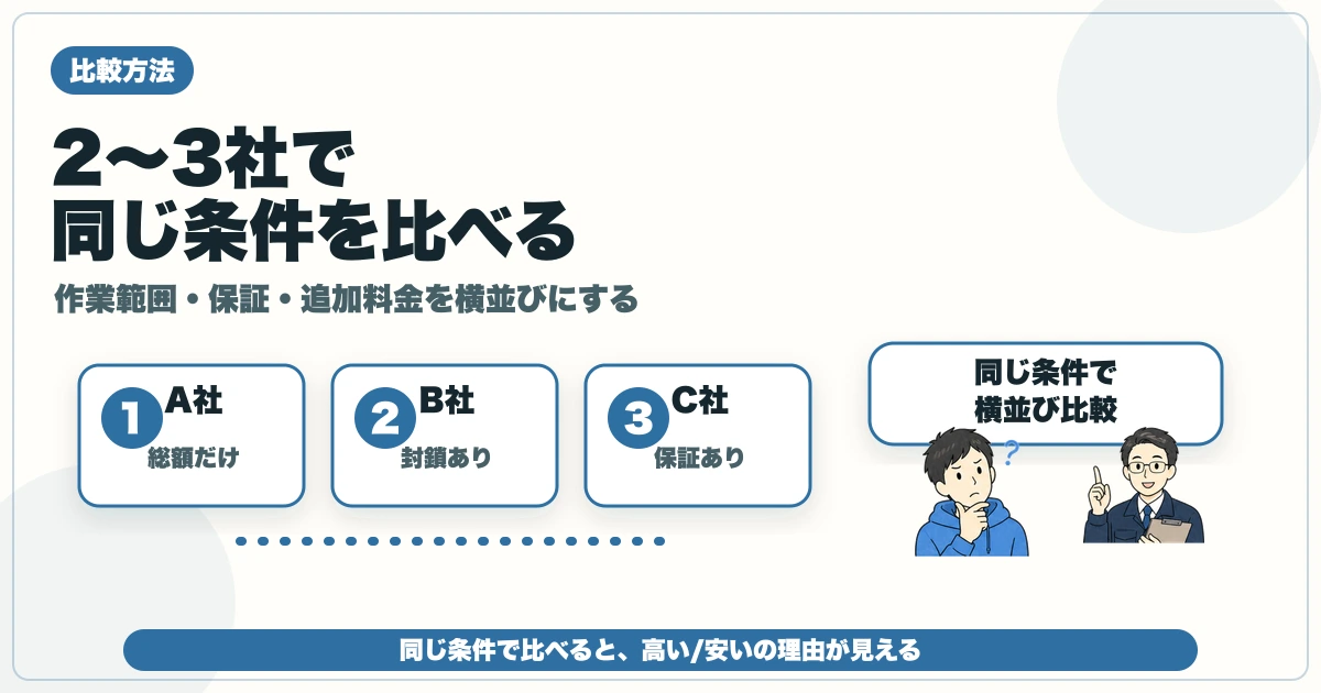害獣駆除の見積もりを2〜3社で作業範囲・保証・追加料金から比較する図解