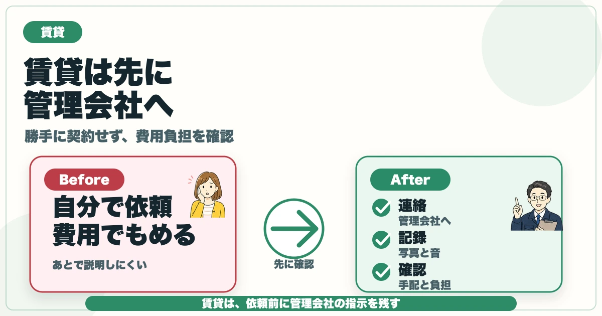 賃貸で害獣駆除を依頼する前に管理会社へ連絡し、写真・記録・費用負担を確認する図解