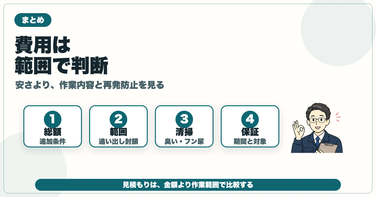 害獣駆除の費用を総額・作業範囲・清掃消毒・保証で判断するまとめ図解