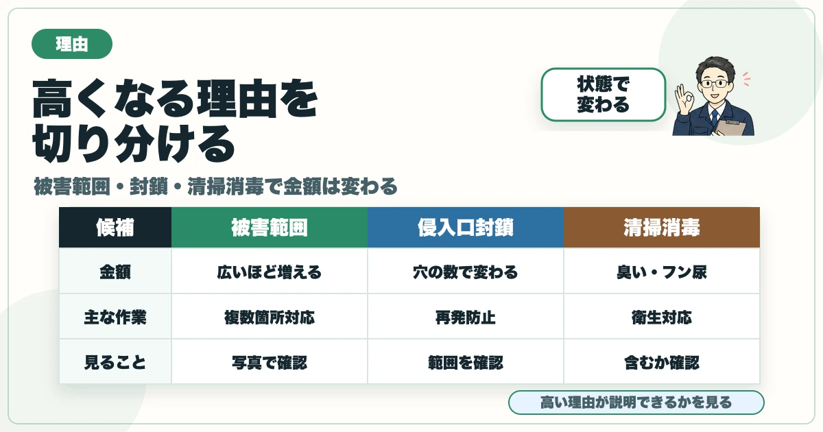害獣駆除の見積もりが高くなる理由を被害範囲・侵入口封鎖・清掃消毒で切り分ける図解