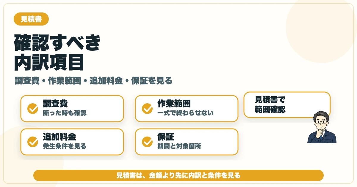 害獣駆除の高い見積もりで調査費・作業範囲・追加料金・保証を確認する図解