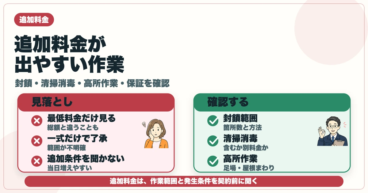 害獣駆除の追加料金が出やすい封鎖・清掃消毒・高所作業を確認する図解