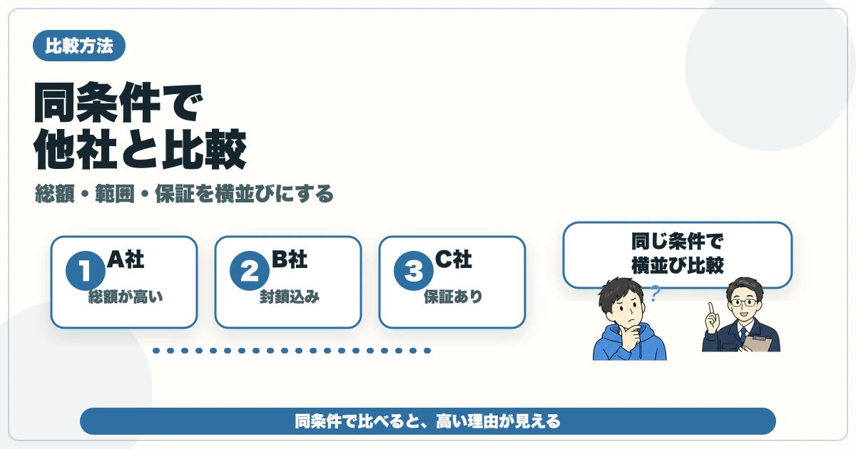 害獣駆除の高い見積もりを総額・作業範囲・保証で他社比較する図解