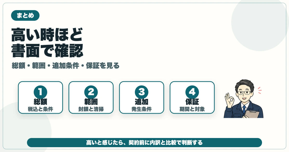 害獣駆除の見積もりが高い時に総額・範囲・追加条件・保証を書面で確認する図解
