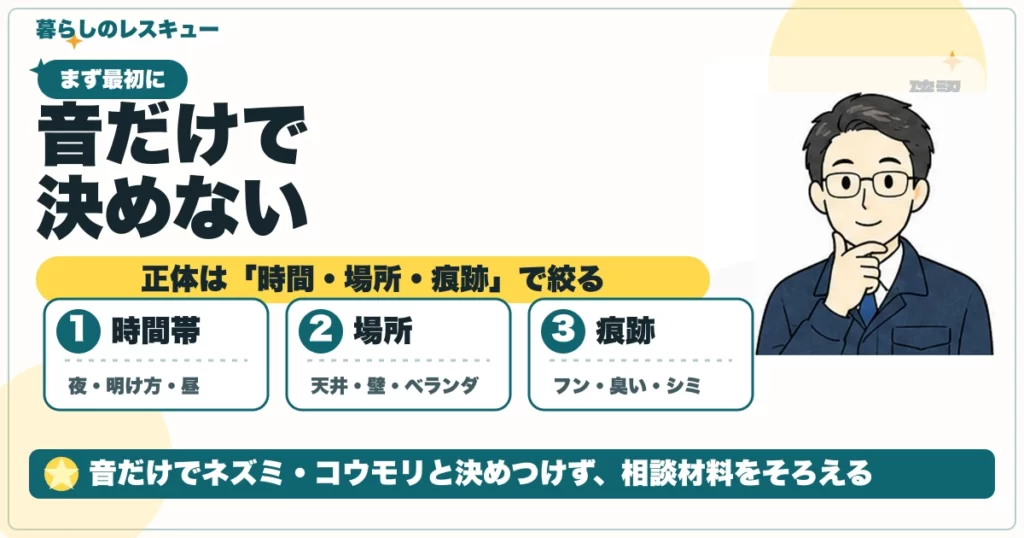 天井裏の音を時間・場所・痕跡で確認する図解