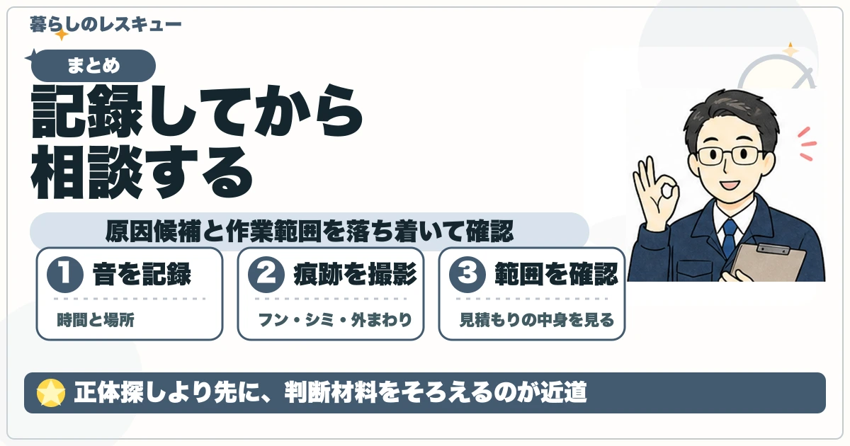 音・痕跡を記録してから相談する流れの図解