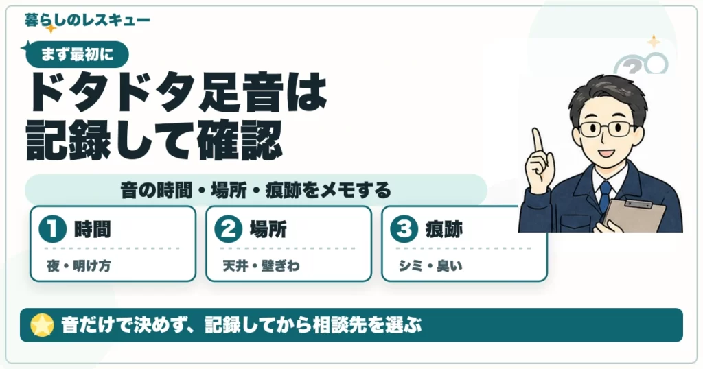 ドタドタ足音は記録して確認について、音の時間・場所・痕跡をメモするを整理する図解