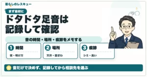 ドタドタ足音は記録して確認について、音の時間・場所・痕跡をメモするを整理する図解