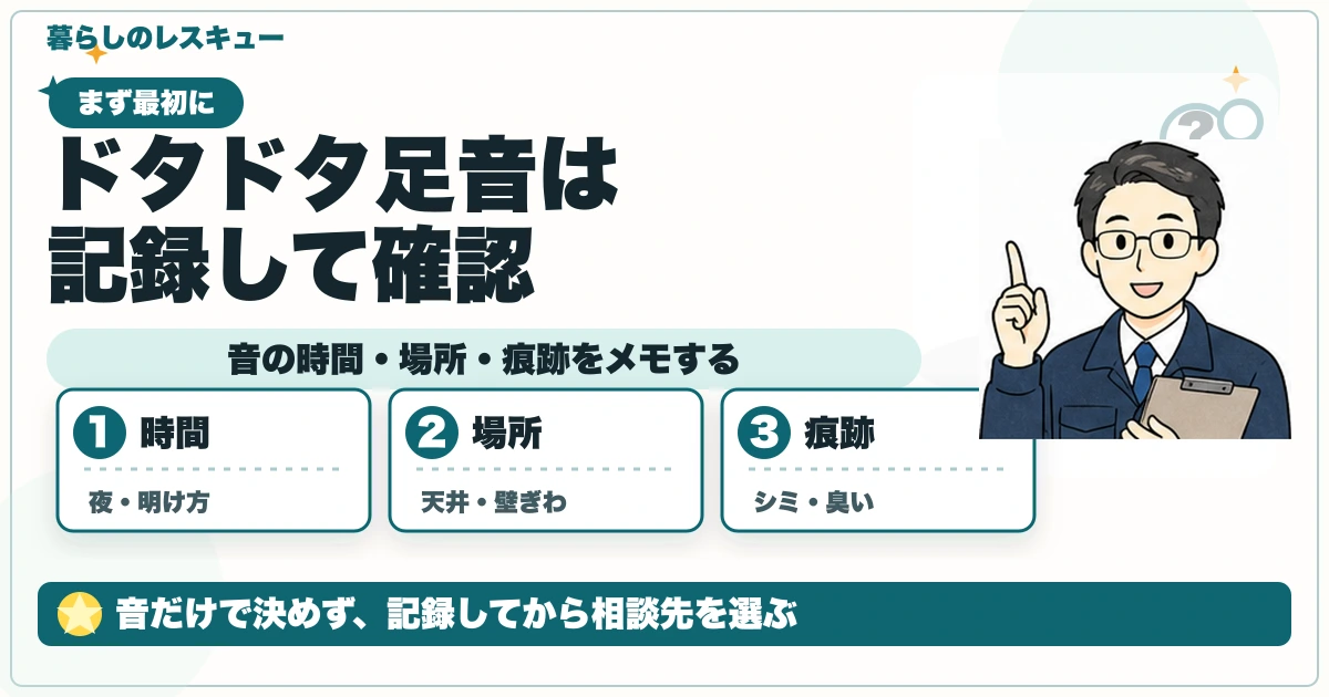ドタドタ足音は記録して確認について、音の時間・場所・痕跡をメモするを整理する図解