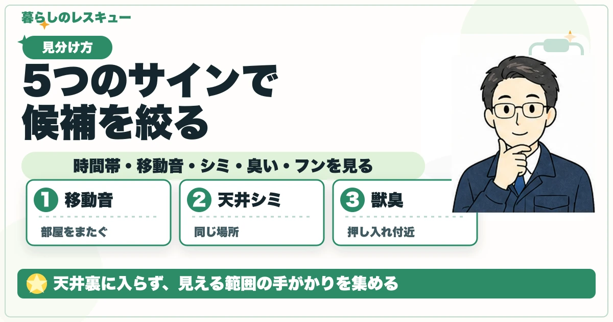 5つのサインで候補を絞るについて、時間帯・移動音・シミ・臭い・フンを見るを整理する図解