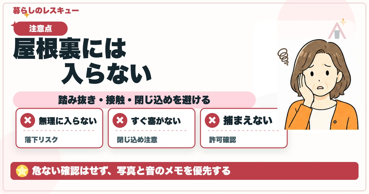 屋根裏には入らないについて、踏み抜き・接触・閉じ込めを避けるを整理する図解